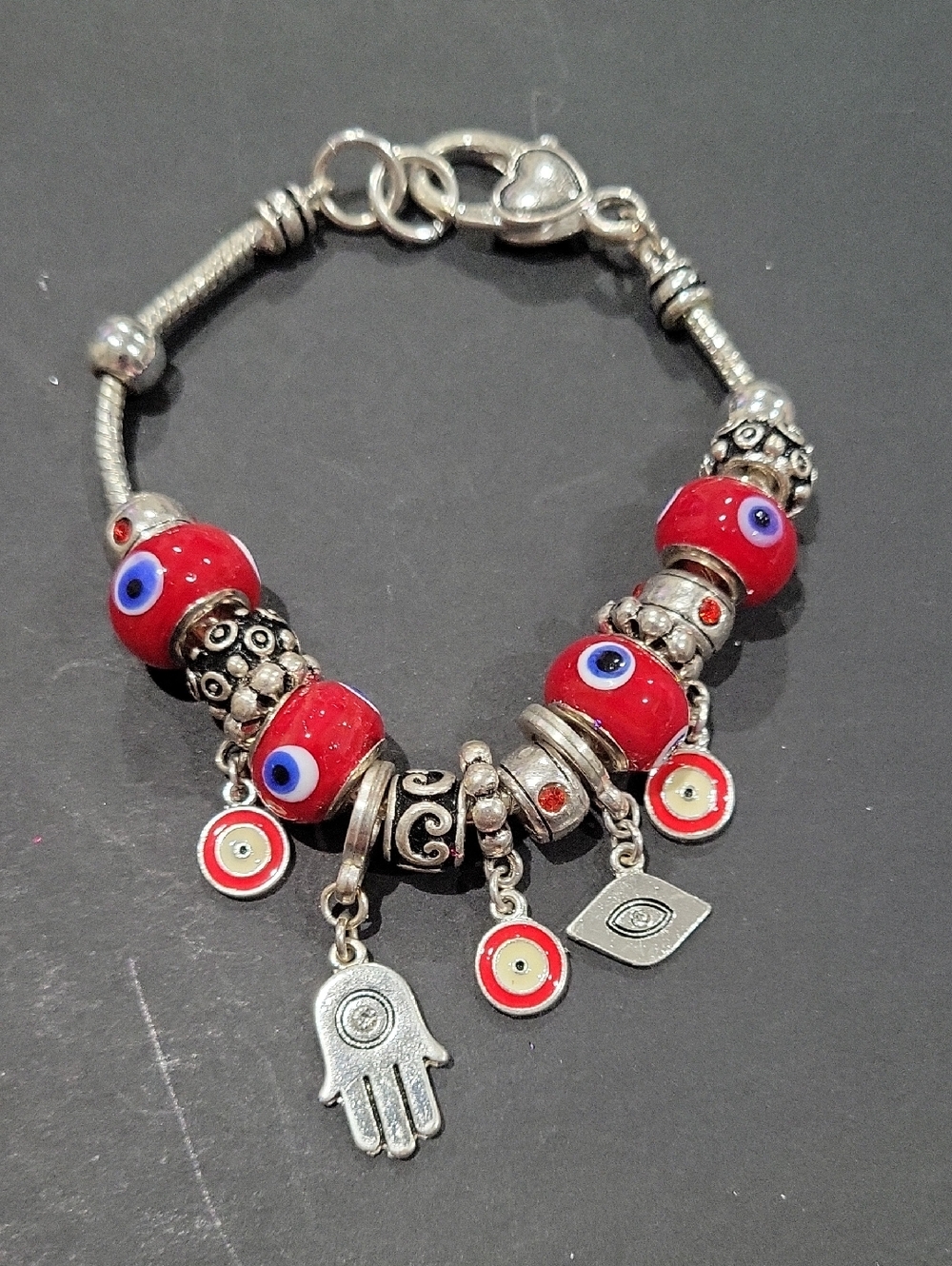 Red Evil Eye Charm Bracelet with Hamsa and Disc Charms